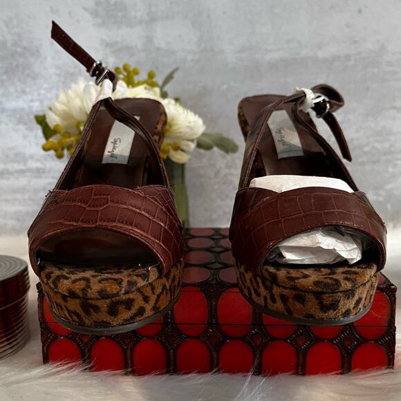 NEW RARE Spiegel Leather Platform Slingback Wedges Chocolate Leopard Sz 5.5 NWP - Picture 13 of 16